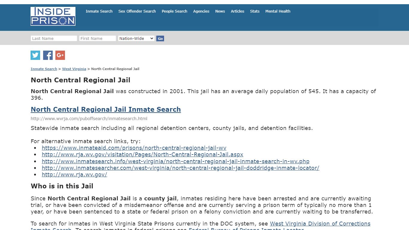 North Central Regional Jail - West Virginia - Inmate Search